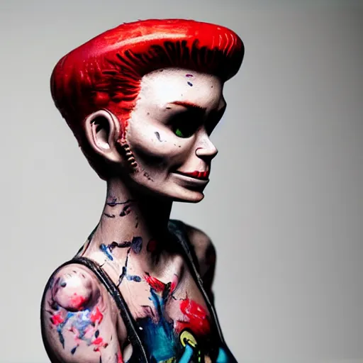 Image similar to ultra realistic painted sculpture of a very beautiful and attractive tank girl. waxwork. cinematic makeup. detailed lifelike. full body. jamie hewlett. beautiful. very attractive. wow. stunning. punk. comic