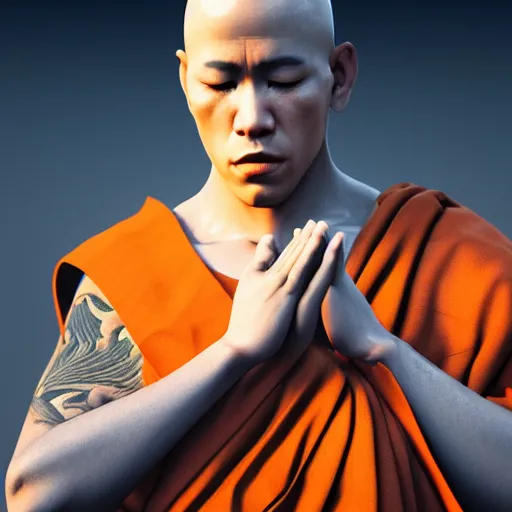 Image similar to an android monk praying with hands above head, monk robe and tattoos, octane render, unreal engine, 8 k, cinematic, artwork by ilya kuvshinov