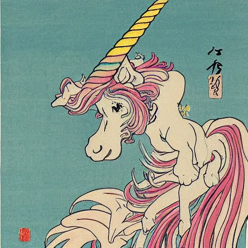 Image similar to A unicorn with rainbow color by Katsushika Hokusai