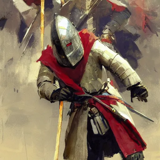 Prompt: man wearing gambeson and medieval helmets, swining sword, fighting, detailed by greg manchess, craig mullins, bernie fuchs, walter everett