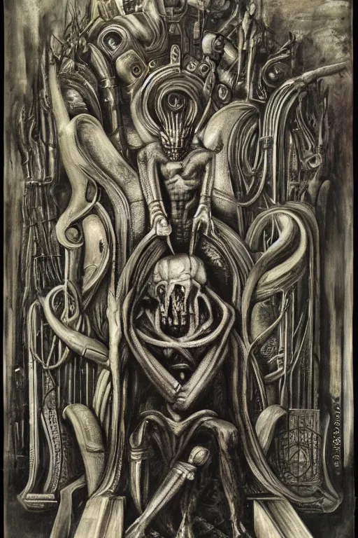 Prompt: a man sitting in a throne, surrounded by your alternative personalities by h r giger