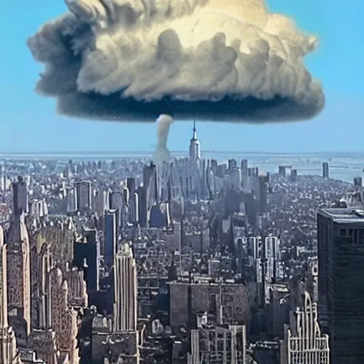 Prompt: realistic image of a tall nuclear bomb cloud over new york city, cctv footage, high quality