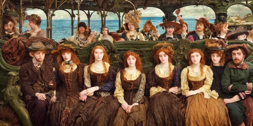 Image similar to detailed colour preraphaelite photograph group portrait of amazingly cool characterful people sat down extreme closeup, in the inside of the beautiful underwater train to atlantis, every face lifelike expressions, crowds of people sat down wearing unusual clothes, by william powell frith, 4 k