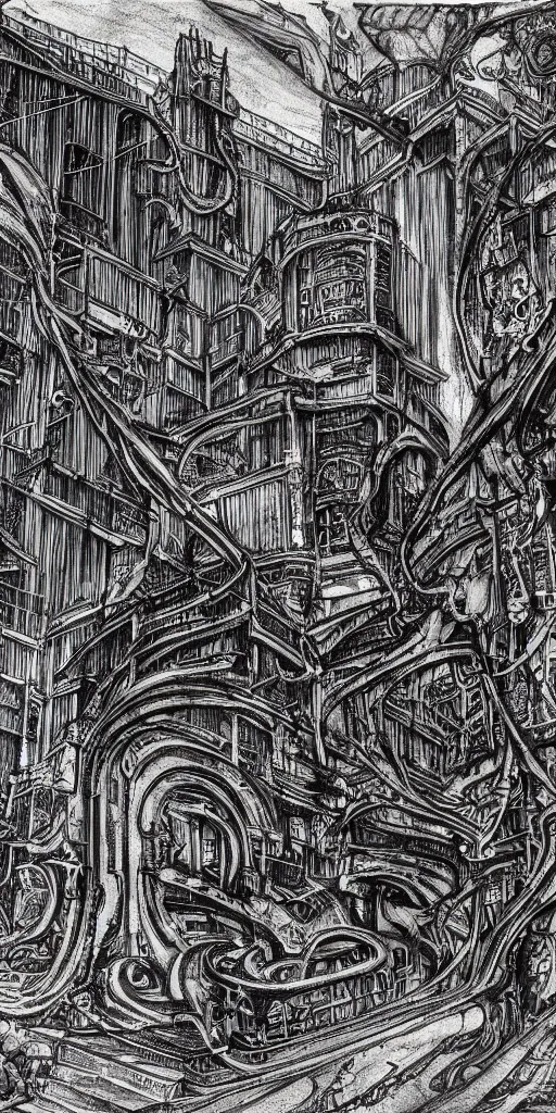 Prompt: a lovecraftian highly detailed ink sketch of a cyberpunk ruin by h. r giger in the style of art - deco art, 8 k