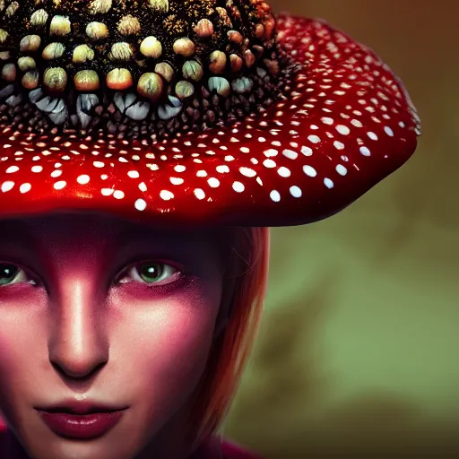 Prompt: a closeup photorealistic photograph of an amanita muscaria mushroom turning into a human woman. film still, vibrant colors. this 4 k hd image is trending on artstation, featured on behance, well - rendered, extra crisp, features intricate detail, epic composition and the style of unreal engine.