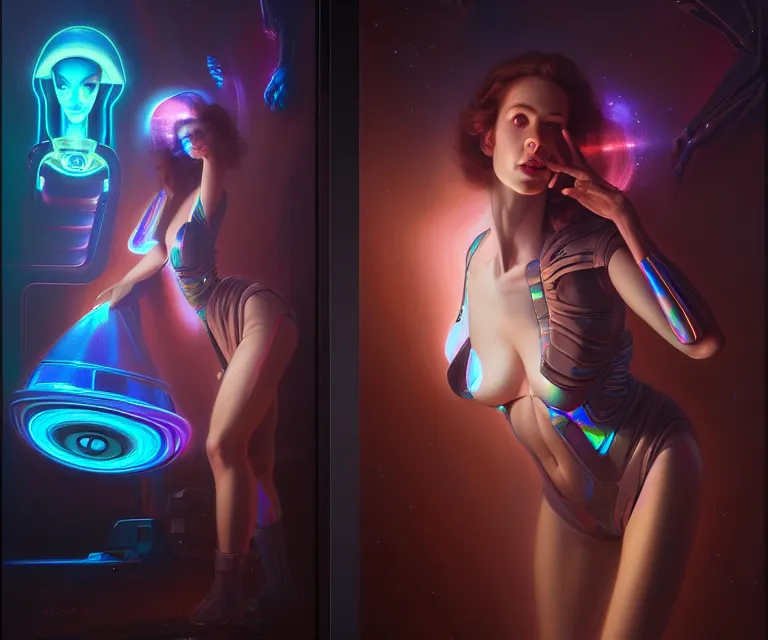 Image similar to beauty woman in holograms of alien artifacts, electrical case display, total recall tech, ultrarealistic, dramatic lighting, electrical details, high details, 4k, 8k, best, accurate, trending on artstation, artstation, photorealism, ultrarealistic, digital painting, style of Peter Mohrbacher, Caravaggio, Boris Vallejo