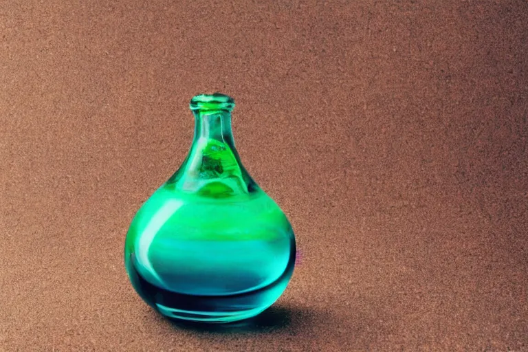 Image similar to small potion with a cork top filled with a green and turquoise gradient liquid, on a desk, old film photo