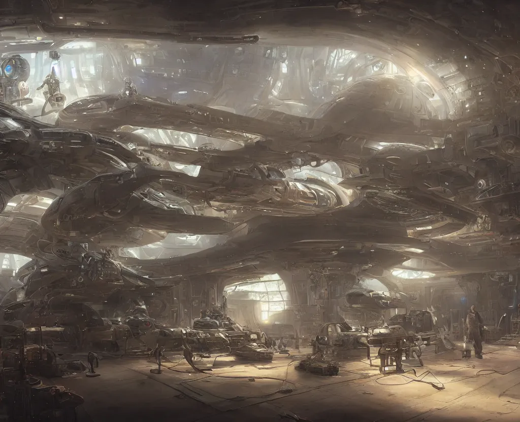 Image similar to the inside of a futuristic mechanic spaceshop, spaceship being repaired, highly detailed interior, holographic screen in center frame by peter mohrbacher and craig mullins, dieselpunk, cyberpunk, firefly, star citizen, unreal engine, extreme detail, hyper realism, realistic shading, cinematic composition, realistic render, octane render, detailed textures, photorealistic