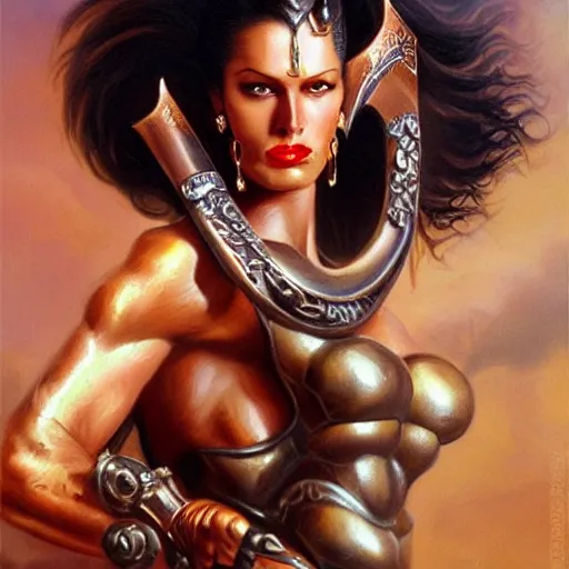 Image similar to detailed oil painting of tall hyper - muscular shining bronze - skinned warrior woman with silver eyes, with large sword, full body, with long wavy flowing black hair and big gold earrings, jewelry, red lipstick, makeup, feminine, volumetric lighting, dynamic composition, art by boris vallejo, scifi, concept art