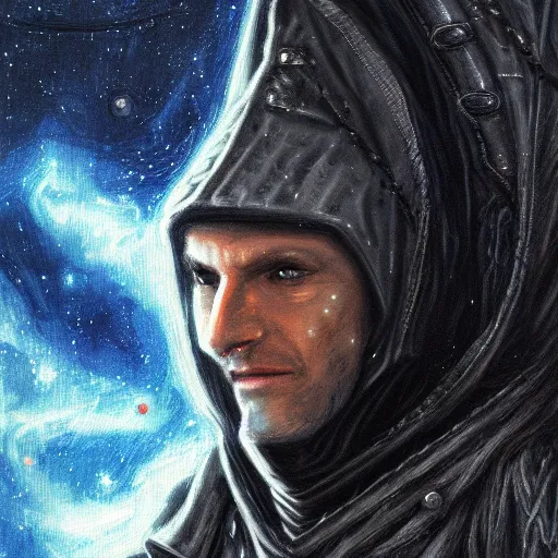 Image similar to tall thin gray - skinned brooding space elf nobleman in ornate hooded long dark cloak, on space station, highly detailed, mike mignogna, comic book, science fiction, dark tones, dark, rough paper, oil painting