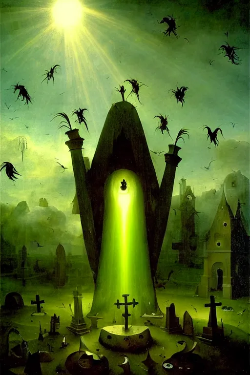 Prompt: hieronymus bosch, greg rutkowski, anna podedworna, painting of a hand made of raven feathers reaching down from the clouds, god rays, wide shot of a graveyard lit by spooky green lights