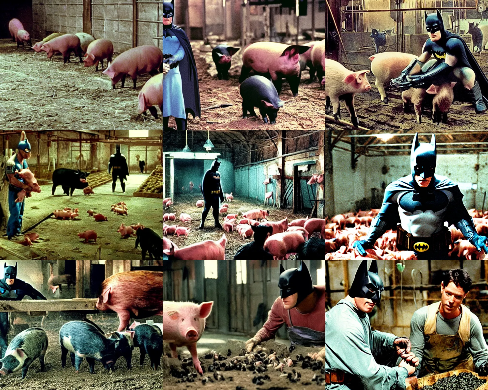 Prompt: color film still, batman tending to pigs in a piggery. ; babe ( 1 9 9 5 )