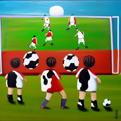 Image similar to painting of soccer game played by cows