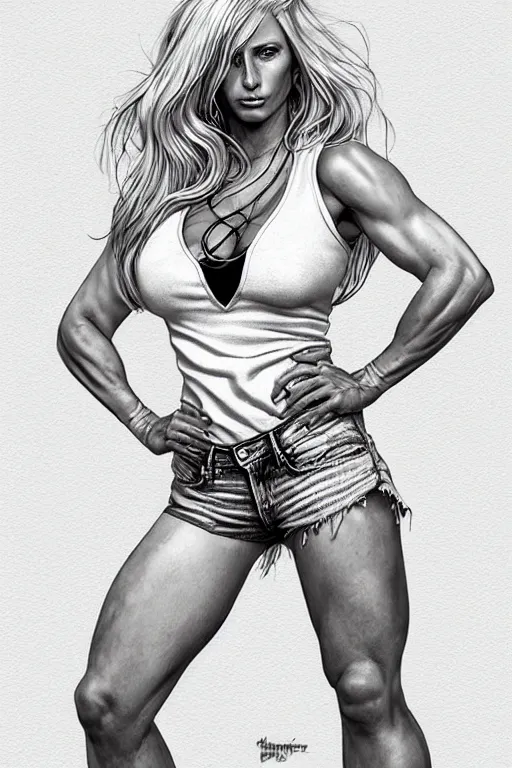 Image similar to a gorgeous hulking beast of a woman with very long hip-length blonde hair, wearing a cut-off white top and orange cut-off shorts standing by the water, in the style of artgerm and moebius and annie liebovitz, marvel comics, photorealistic, highly detailed, trending on artstation