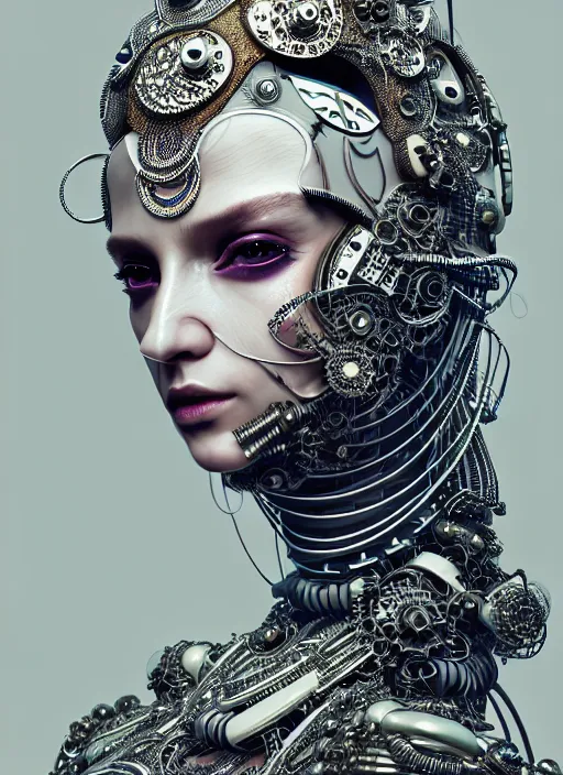 Image similar to portrait of an absurdly beautiful, graceful, sophisticated, fashionable cyberpunk mechanoid, hyperdetailed illustration by irakli nadar and vania zouravliov, matt wisniewski style, intricate linework, white porcelain skin, metal tribal headdress, day - glow face paint, unreal engine 5 highly rendered, global illumination, radiant light, detailed and intricate environment