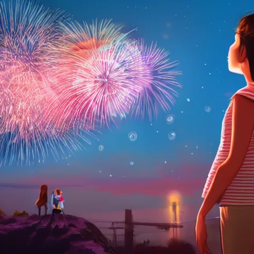 Prompt: girl watching watching fireworks on a hill, digital art, by richard estes, akiyuki shinbou, yoshitaka amano highly detailed, realistic, cinematic, bold colours, photorealism, 4 k, wide angle lens