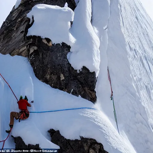 Image similar to two climbers trying to climb to the top of the world with an avalanche that sweeps them away , photo