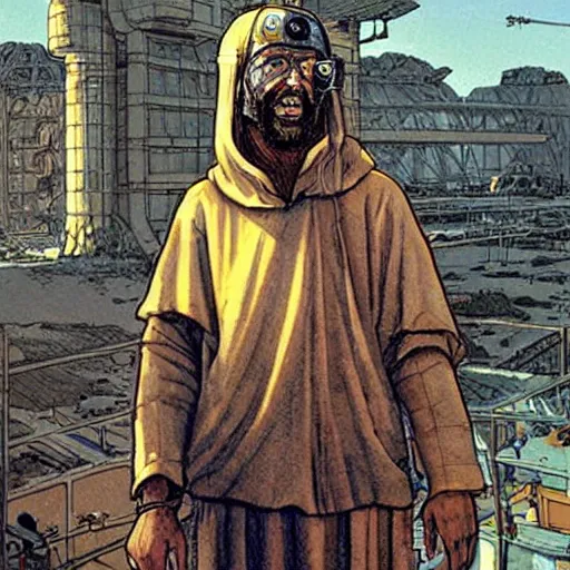 Prompt: Hosea the Beggar priest with cybernetic headset in a busy spaceport on Poseidon 5 colony. Gritty Concept art by James Gurney and Mœbius.