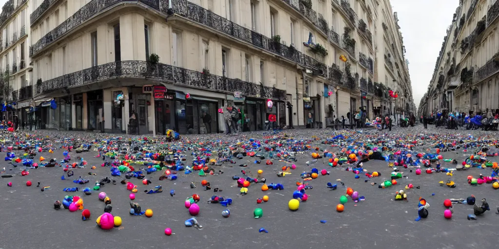 Prompt: million of babies on the streets on paris, with balls and toys, wide angle