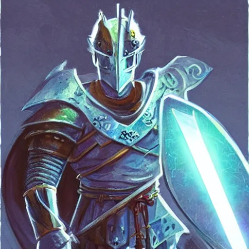 Image similar to Knight of the Light holds a glowing sword in front of him, fantastic art