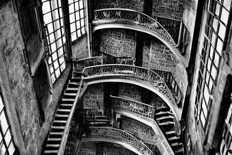 Prompt: Hogwarts stairwell, looking down from above,by MC Escher black and white