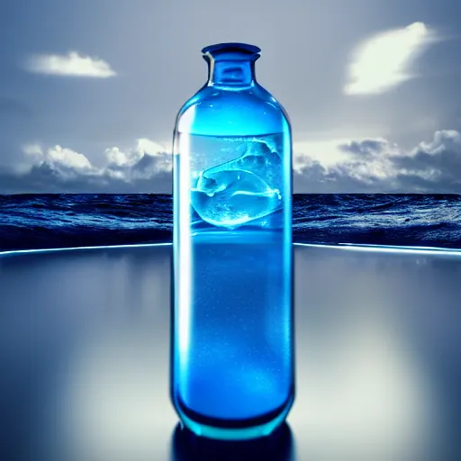 Image similar to surreal 3 d art of a human head in a bottle, on the ocean water, futuristic, glowing, hyper realistic, ray tracing, realistic water splashes, sharp focus, long shot, 8 k resolution, cinematic, photoshop art