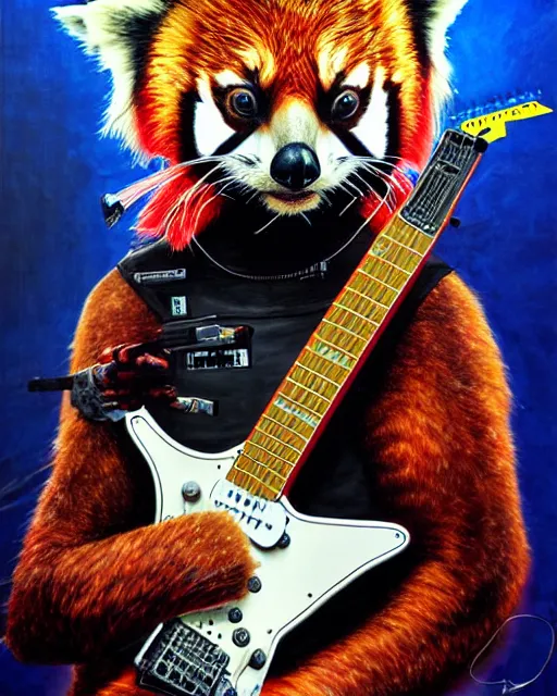 Image similar to a portrait of an anthropomorphic cyberpunk red panda shredding an electric guitar by sandra chevrier, by jon foster, detailed render, electric guitar, epic composition, cybernetics, 4 k realistic, cryengine, realistic shaded lighting, sharp focus, masterpiece, by enki bilal