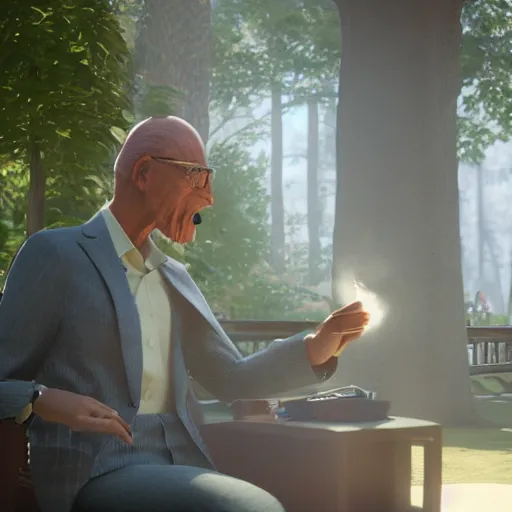 Image similar to Slenderman smoking a cigarre and talking with a grumpy Old Man, Superrealistc, 4k, HD, Unreal Engine, Raytracing, Photorealistic