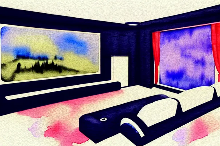 Image similar to very wide angle view, a modern home movie theater with big screen!!, stylish wall sconces, art deco style!!, rough watercolor painting, trending on artstation