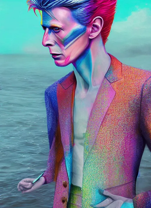 Image similar to detailed full body concept art illustration colorful pastel painting of a david bowie on the ocean in full intricate clothing, ultra detailed, digital art, octane render, 4K, dystopian, micro details