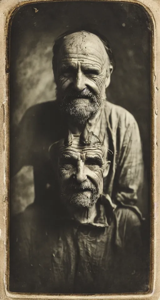 Image similar to a wet plate photograph, a portrait of a middle-aged cobbler