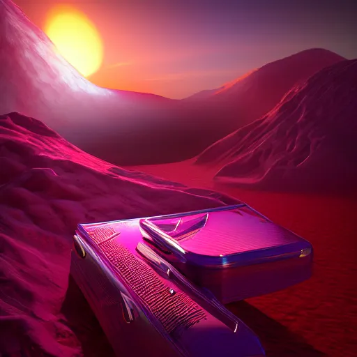 Image similar to purple refrigerator on red beach, nebula sunset, digital art, cosmic, 3 d high definition, trending on art station, photorealistic, high resolution, 8 k, octane, hyper detailed, insane details, intricate, elite, ornate, elegant trend, highly detailed and intricate, sharp focus, photography, unreal engine