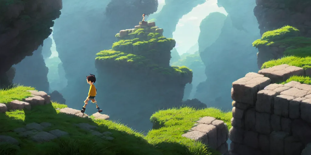 Image similar to a small boy walking over big stone blocks, just over the precipice, studio ghibli, pixar and disney animation, sharp, rendered in unreal engine 5, anime key art by greg rutkowski, bloom, dramatic lighting