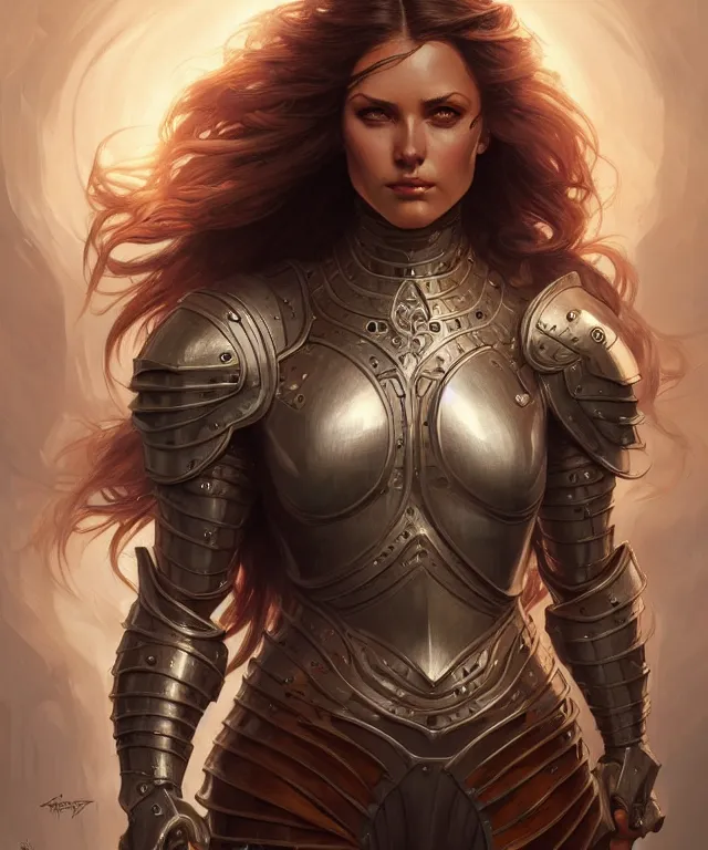 Image similar to Muscular and powerful medieval knight woman portrait, sci-fi, amber eyes, face, long hair, fantasy, intricate, elegant, highly detailed, digital painting, artstation, concept art, smooth, sharp focus, illustration, art by artgerm and greg rutkowski and alphonse mucha