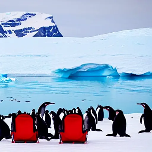 Prompt: a red camping chair in the middle of antarctica. the chair is far away from the camera and the chair is surrounded by a group of penguins.