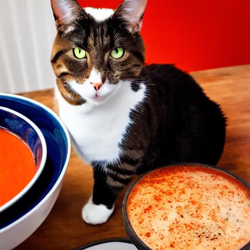 Image similar to a cat sitting on a bowl with tomato soup, professional photography