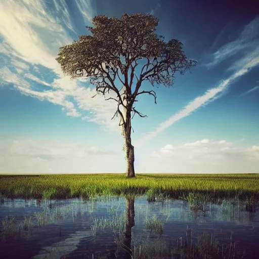 Prompt: flooded plains landscape. solitary tree. clear sunny day at noon. grass islands up close. flood waters. max rive, 1 6 megapixel, instagram, landscape, hdri, light blue sky