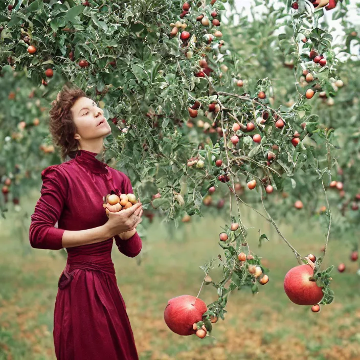 Image similar to a closeup portrait of a woman wearing futuristic material, picking pomegranates from a tree in an orchard, foggy, moody, photograph, by vincent desiderio, canon eos c 3 0 0, ƒ 1. 8, 3 5 mm, 8 k, medium - format print