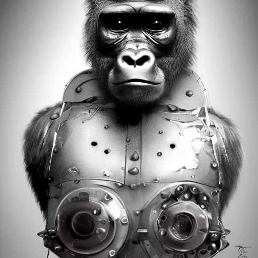 Image similar to a beautiful intricate fine art portrait photo of a a mechanical industrial steampunk cybernetic silverback gorilla, by tom bagshaw and zach sutton, perfection!, milk bath photography, studio lighting, backlight, 35mm lens, very detailed, bionic, cybernetic scifi, deep depth of field, artstation, 8K, highly coherent