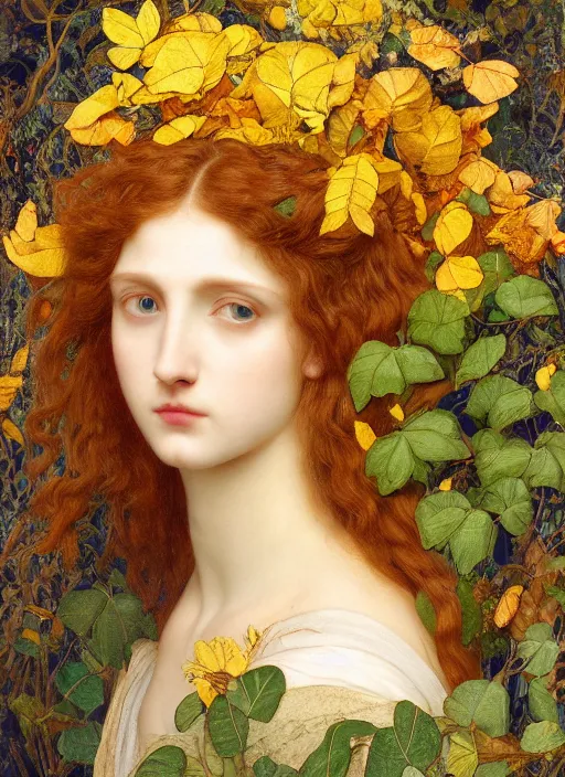 Image similar to masterpiece beautiful seductive flowing curves preraphaelite face portrait amongst leaves, extreme close up shot, straight bangs, thick set features, yellow ochre ornate medieval dress, magpie, amongst foliage mushroom forest circle arch framing, kilian eng and frederic leighton and rosetti, 4 k