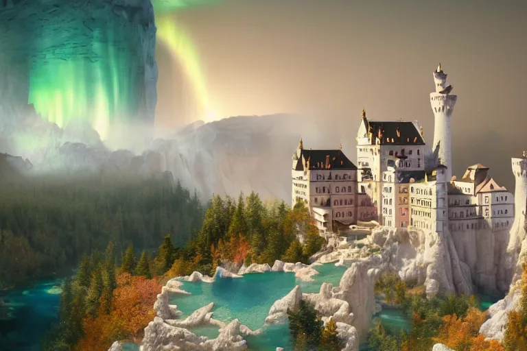 Image similar to neuschwanstein castle on pamukkale thermal waters flowing down gold travertine terraces in royal blue antelope canyon during sakura season on an interstellar aurora borealis with heavy thunder and lightning, pink waterfalls, by peter mohrbacher, james jean, james gilleard, greg rutkowski, vincent di fate, rule of thirds, octane render, beautiful landscape