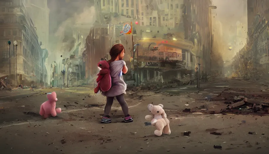 Image similar to back view of little girl and her teddy bear crossing destroyed washington dc's streets, debris, collapsed buildings, cloudy day, hyperdetailed, artstation, cgsociety, 8 k