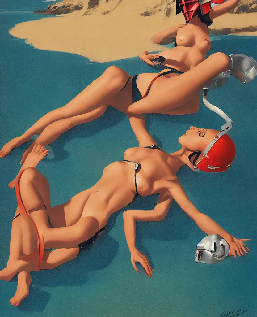 Image similar to pulp art, gil elvgren, 3d octane blender render. person relaxing on scenic beach wearing mandalorian helmet, blue sky, swimsuit.