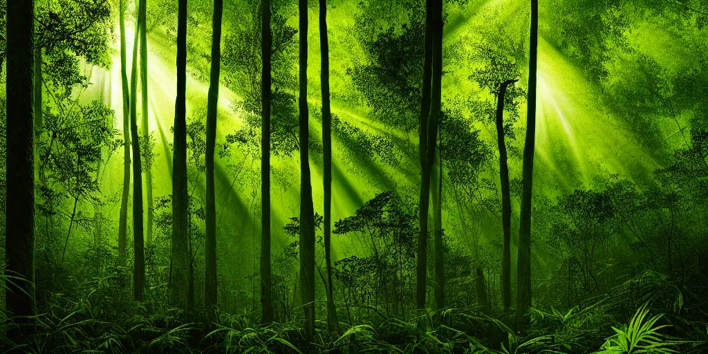 Image similar to lush forest, dense vegetation, against light, bright details, contrasting, daylight, highly detailed, by dieter rams, national geographic magazine, reportage photo, natural colors