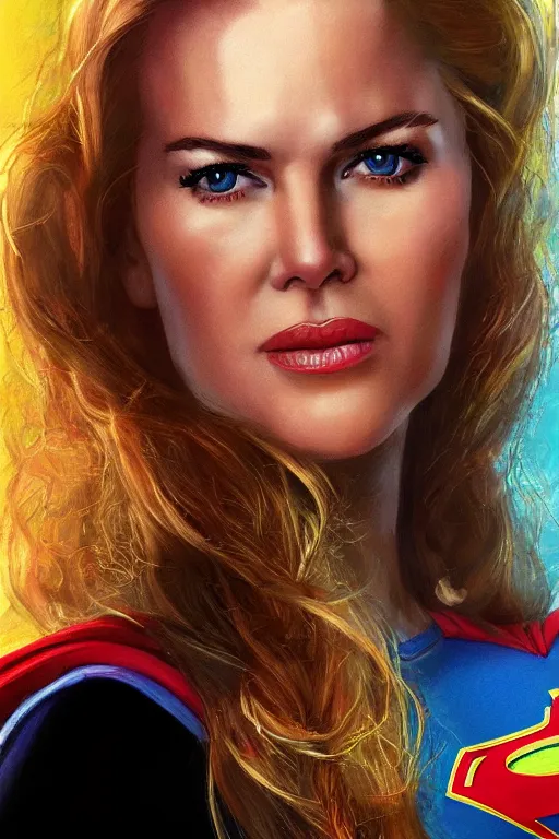 Image similar to portrait of a mix of beautiful young nicole kidman, maria shriver, mariel hemmingway, brooke shields and elle macpherson as supergirl, thin lips, hair tied up in a pony tail, colorful artstation, cgsociety