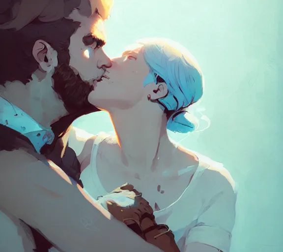 Image similar to portrait will kissing elisabeth by atey ghailan, by greg rutkowski, by greg tocchini, by james gilleard, by joe fenton, by kaethe butcher, dynamic lighting, gradient light blue, brown, blonde cream and white color scheme, grunge aesthetic