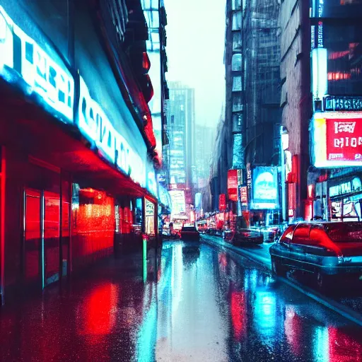 Prompt: a high quality low wide angle photo of Magnus Carlsen on the streets of a cyberpunk city, rainy, reflective ground, neon lights, realism, 8k