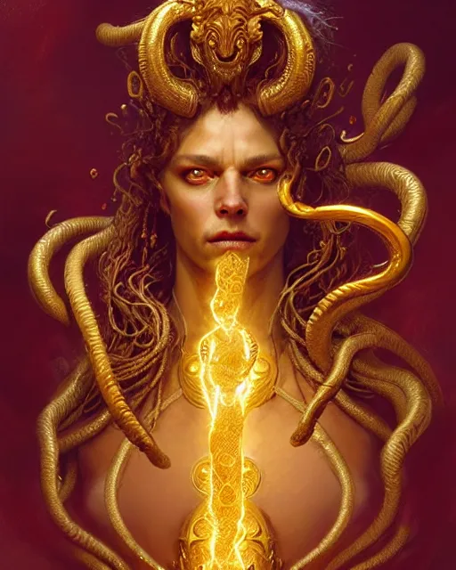 Image similar to fierce medusa in an golden robe, fantasy character portrait, ultra realistic, concept art, intricate details, highly detailed by greg rutkowski, gaston bussiere, craig mullins, simon bisley