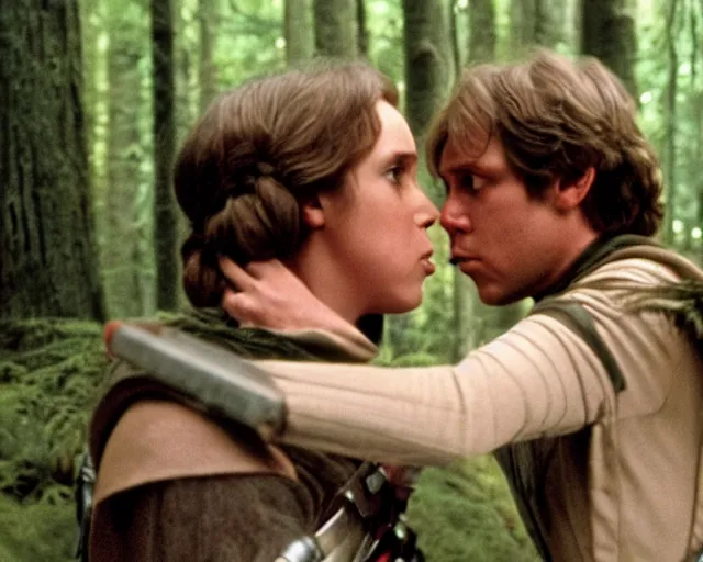 Image similar to luke skywalker, princess leia and han solo hugging and kissing in the forest of endor at the end of return of the jedi