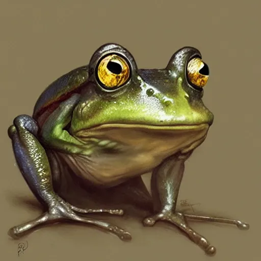 Image similar to hyper realistic caricature of a derpy frog person by greg rutkowski